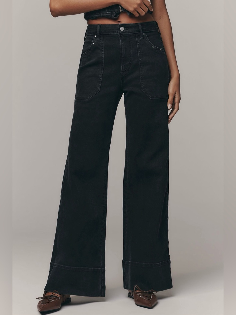 Pilcro Anthropologie The Rylan Black Studded Relax Hi Rise Flare Jeans NWT 32T - Picture 2 of 15